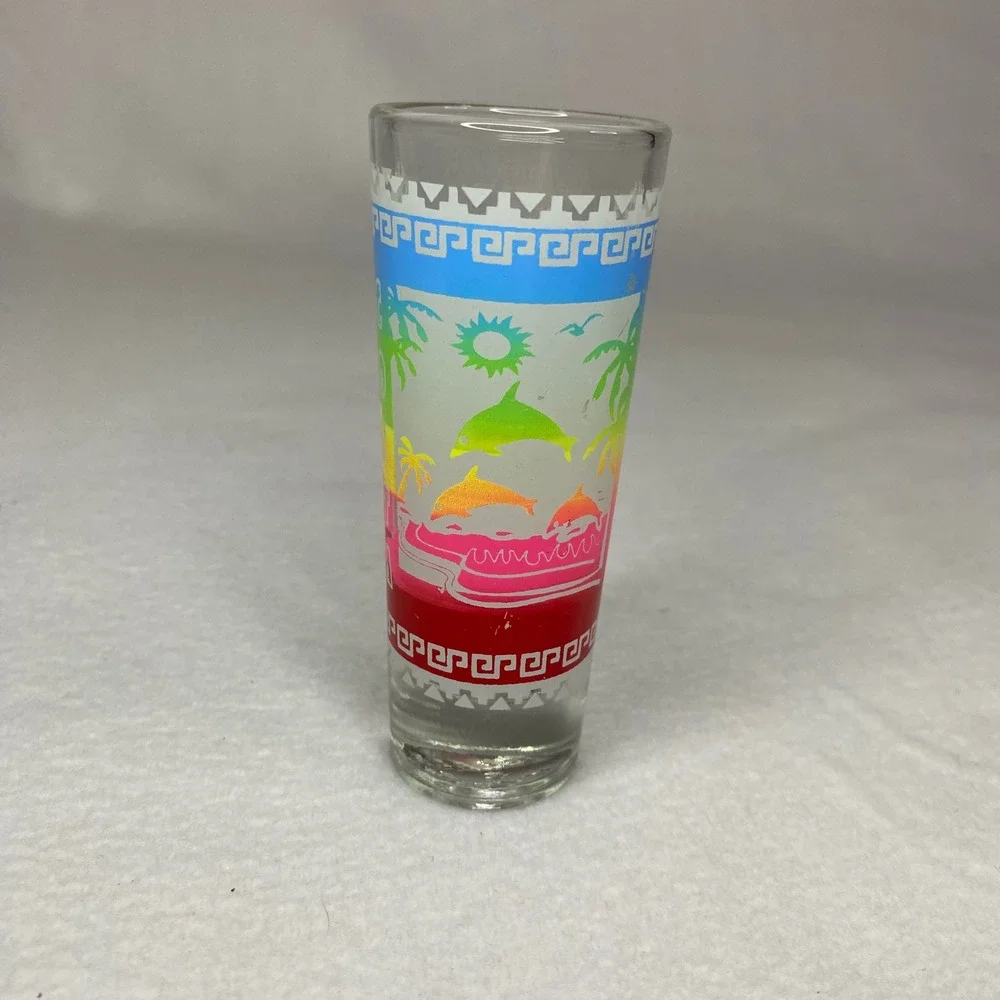 Costa Maya Shot Glass Souvenir Tropical Dolphin Palm Tree‎ Colorful Glass, New